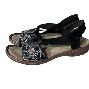 Rieker Regina Black Metallic Studded Medallion Anti-Stress Sandals Women Size 7